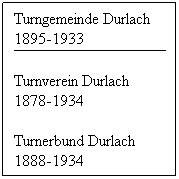 Textfeld: Turngemeinde Durlach
1895-1933
 
Turnverein Durlach
1878-1934
 
Turnerbund Durlach
1888-1934
